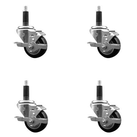 Service Caster 3'' Black Poly Swivel 1'' Expanding Stem Caster Set with Brake, 4PK SCC-EX20S314-PPUB-BLK-TLB-1-4